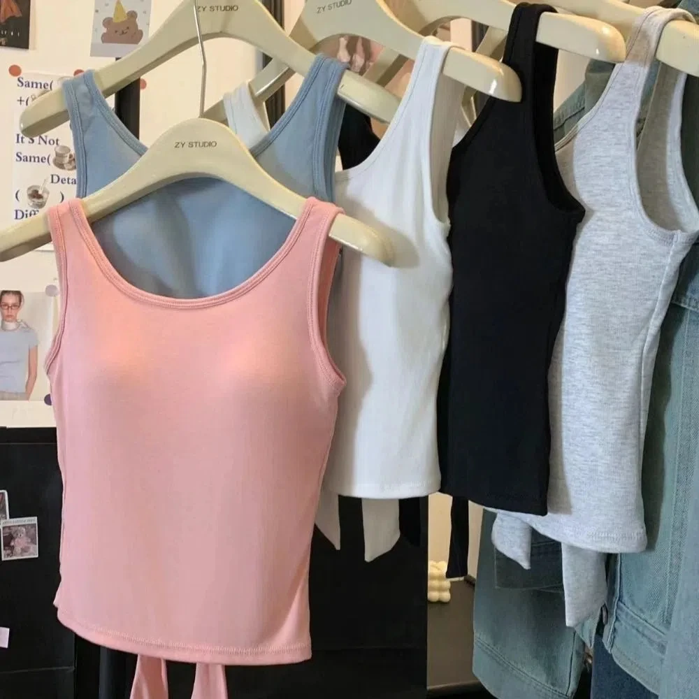 

Sweet Backless Sleeveless Crop Top Bowknot Streetwear Korean Bow Tank Top Solid Color Undershirts Camisole With Pads Outdoor