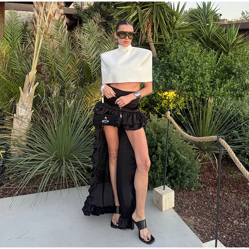 Ruffles Mini Skirt 2 Piece Set Women Shoulder Pad Cloak Tops Waist-cinching Skirts 2026 New Ladies Summer Fashion Out-going Suit