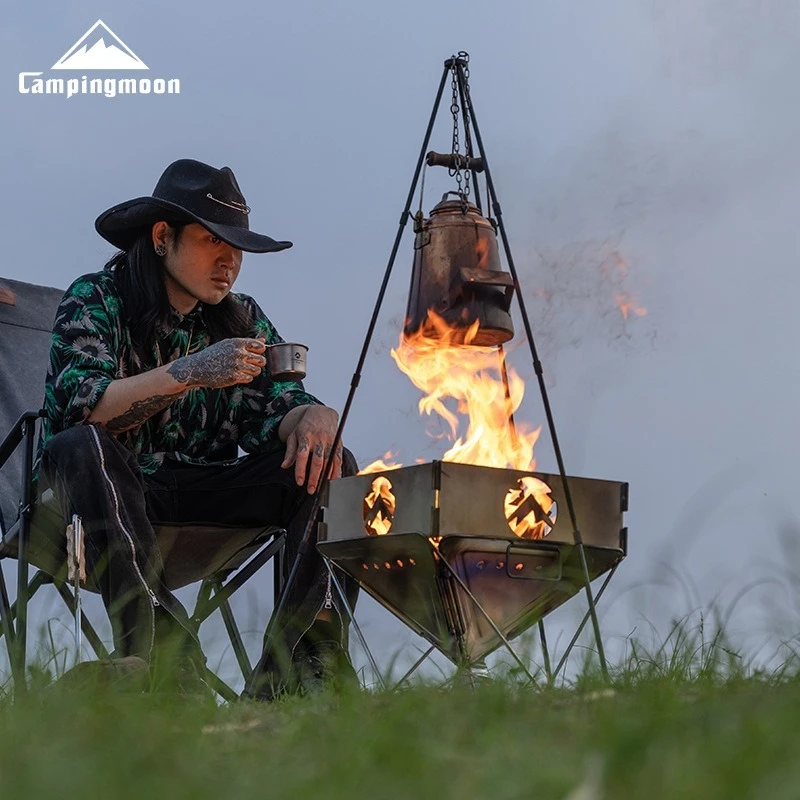 CAMPINGMOON MS-105-BK MS-105-BRZ Outdoor Camping Picknick Lagerfeuer-Kocher BBQ Grillständer Bushcraft-Aufhänger Kochstativ