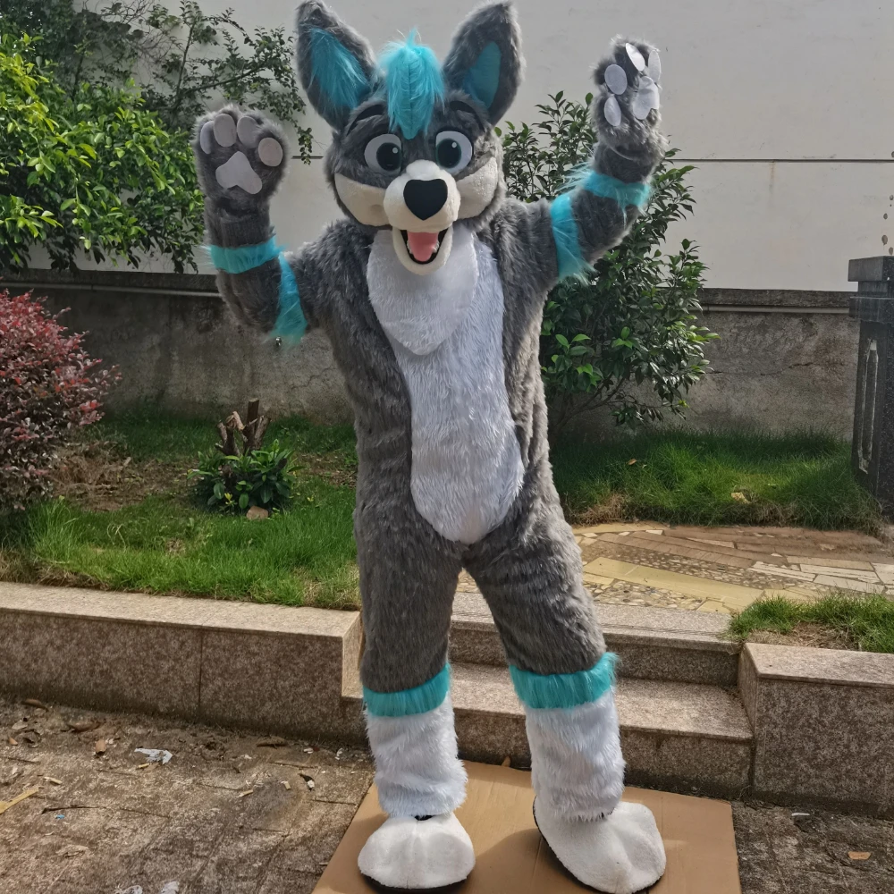 Langes Fell, pelzig, grauer Wolf, Husky-Hund, Fuchs, Fursuit, Maskottchen-Kostüm für Erwachsene, Zeichentrickfigur, Halloween, Karneval, ausgefallenes Partykleid