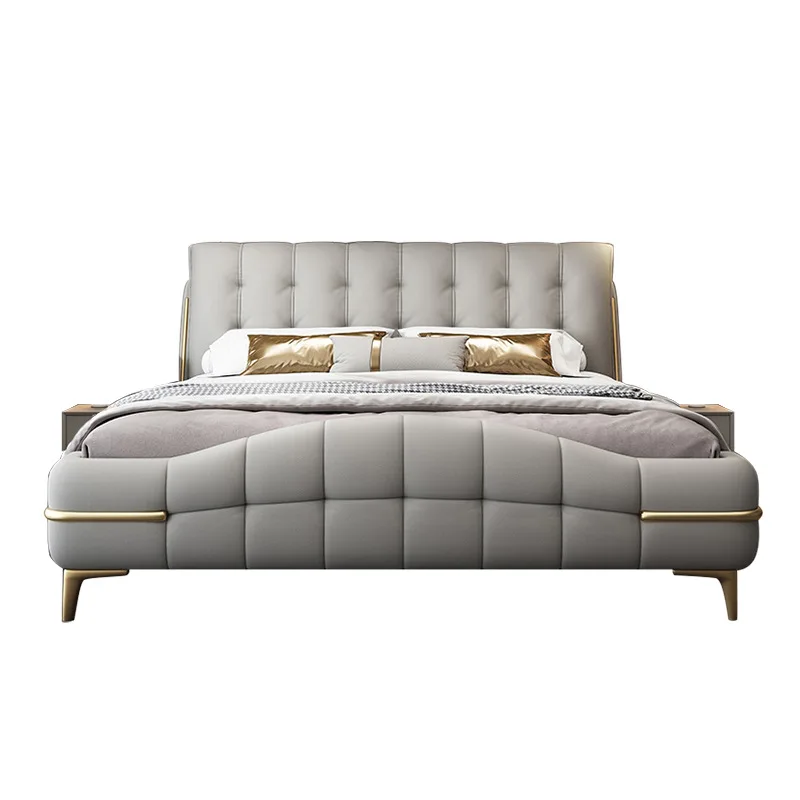 

2024, новая кожаная кровать, современная простая свадебная двуспальная кровать, атмосфера главной спальни, высококачественная итальянская легкая роскошная мягкая сумка-кровать