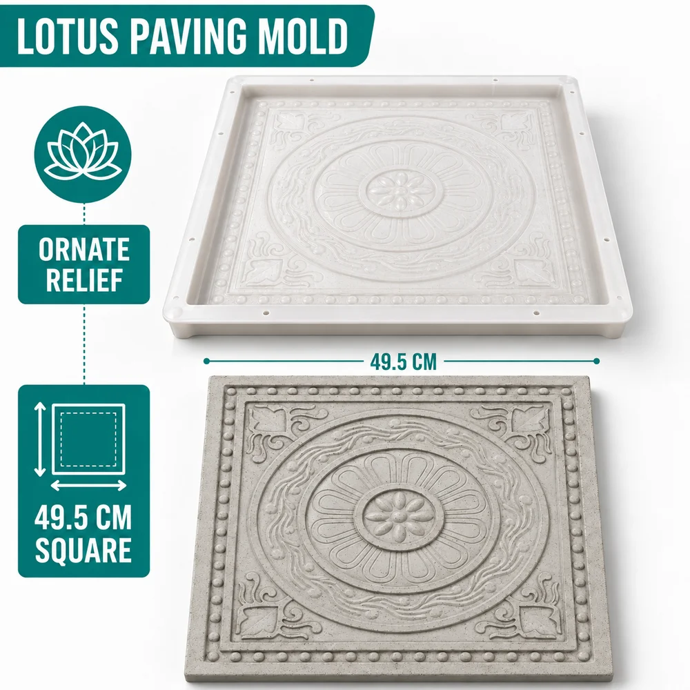 Concrete Paving Mold with Lotus Relief 49.5 cm Square Tile Form for Garden Paths Patios and Courtyards