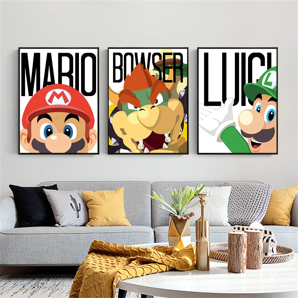 

Super Mario Canvas Print Poster Bowser, Luigi, and Mario 3-Piece Set for Home Decor, Fan or Hobby Gift, Bedroom, and Game Room
