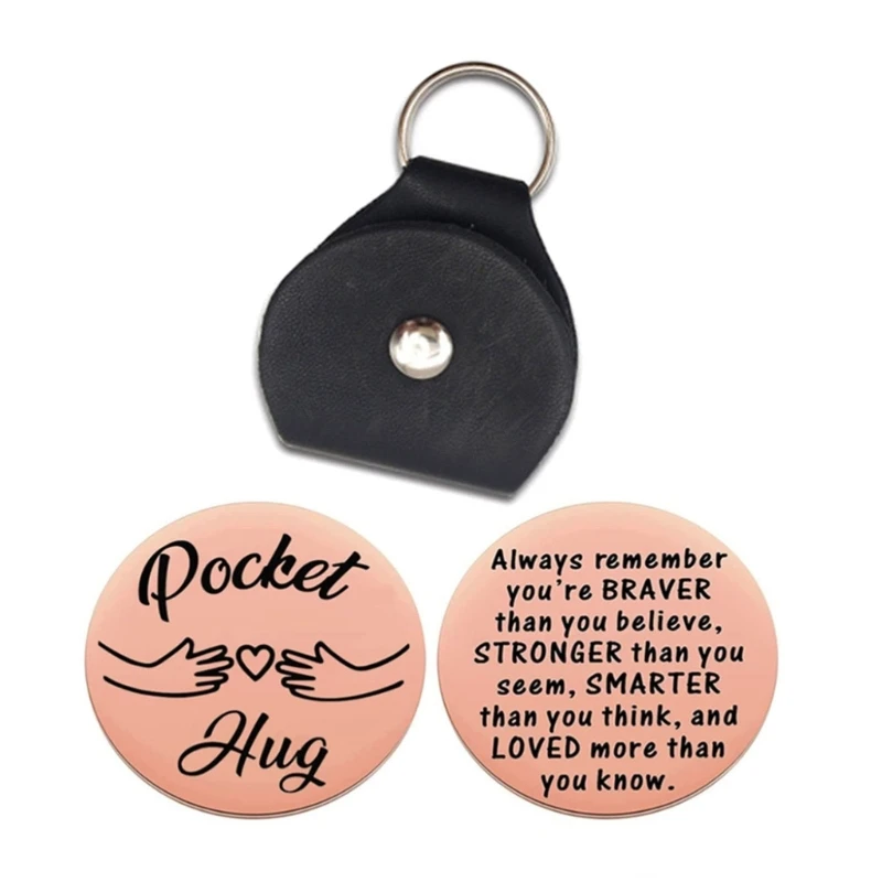 Pocket Hug keychain Stainless Steel Double Sided Tokens with PU Leather Keychains Relationship Keepsake Gift Y08E