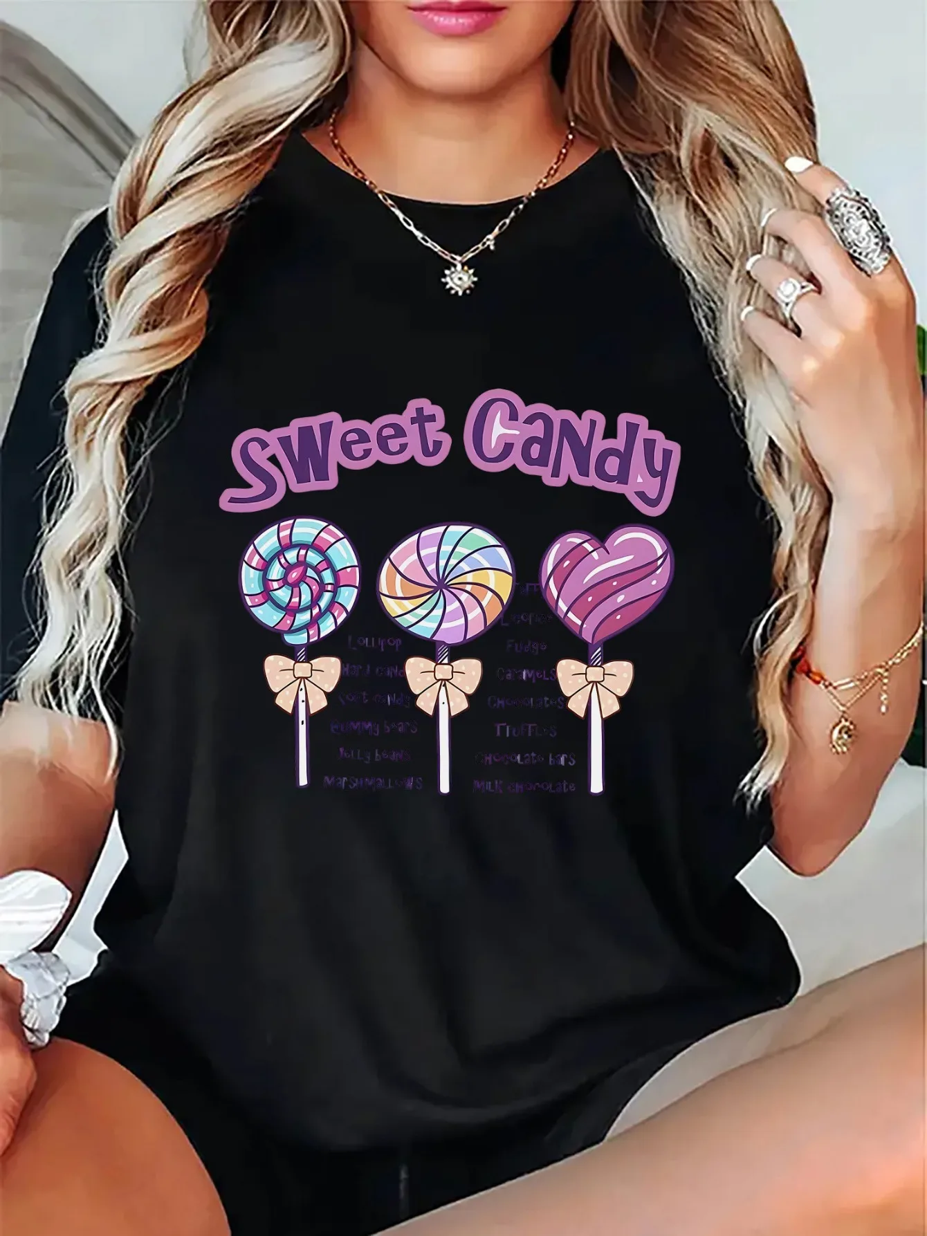 

Women's Sweet Candy Lollipop Print Short Sleeve T-Shirt Cute Heart Candy Cane Design with Sweet Gummy Bear Women Tops Clothing