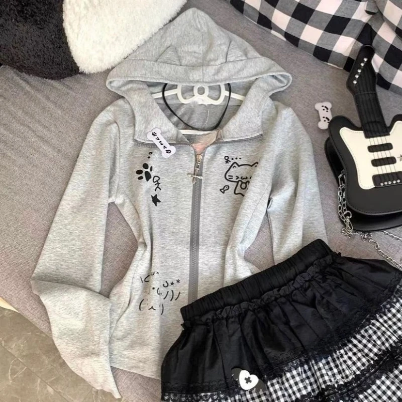 Japanese Casual Cartoon Print Cat's Ears Hoodies Zippers Preppy Style Sweatshirts Women 2025 Aesthetic Vintage Hoody Long Sleeve