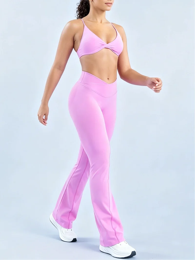 2-teiliges Damen-Workout-Set: High-Waist Cross Flare Leggings und Neckholder-Sport-BH – Schnelltrocknendes, figurformendes Gym-Trainings-Outfit – Detail 6
