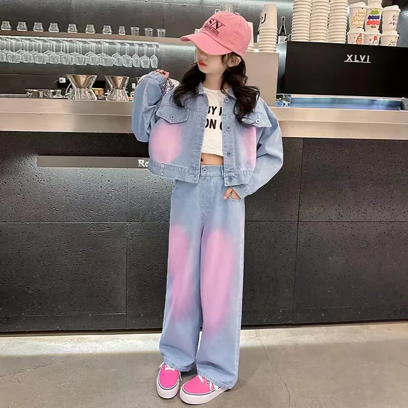 5-14Y Girls\' Spring Autumn Set 2024 New Fashion Big Children\'s Spring Wear Dopamine-spray Color Denim Two-piece Trend 120-170cm