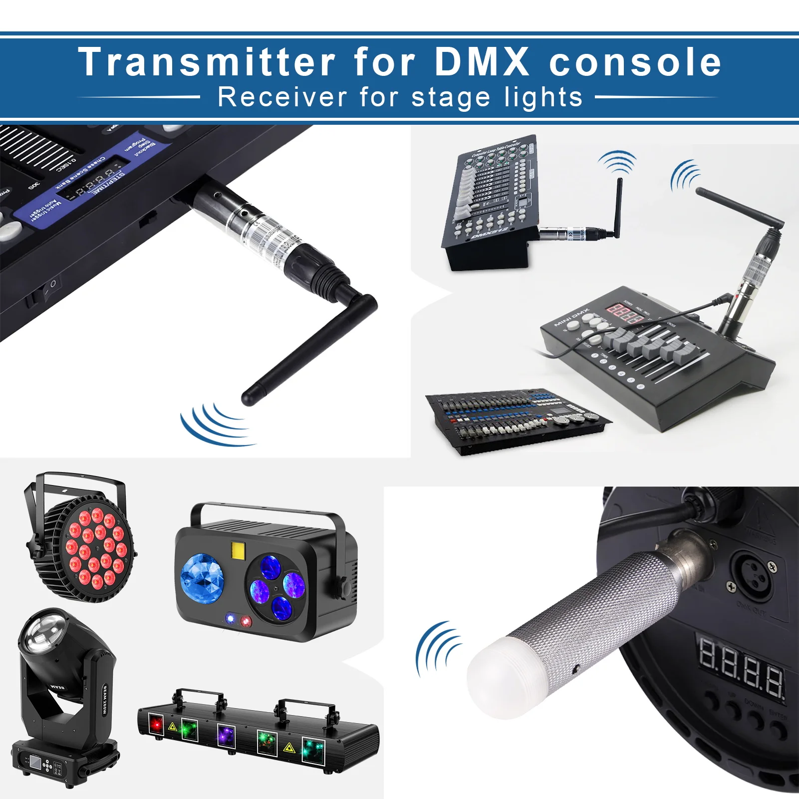 Fieryzeal 3×Rechargeable  and DMX512 Wireless Transmitter DMX512 Receiver 2.4G DMX Controller for Stage Lighting Control Bar