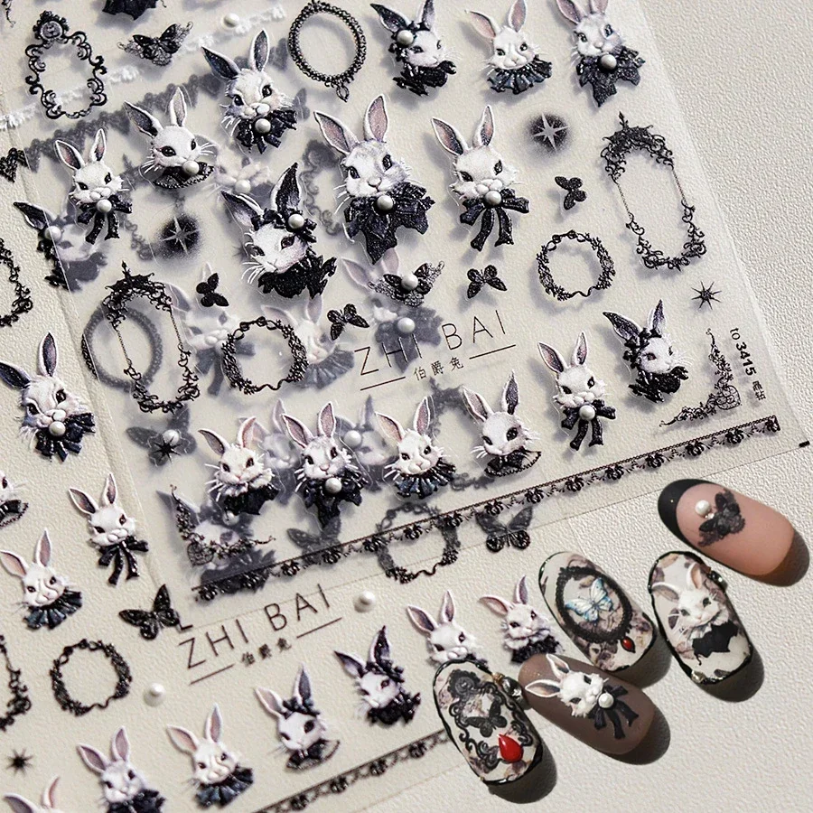 Noble Black Count Rabbit Butterfly Pearl Bowknot Earl Bunny Cat Flower Dog Bear Nail Art Stickers DIY Decoration Manicure Decals