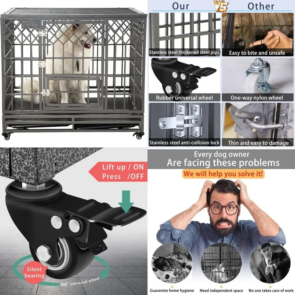 

Sturdy Metal Dog Cage for Large Breeds with Triple Door Access, Four Wheels, 42 Inch Y-Shaped Enclosure