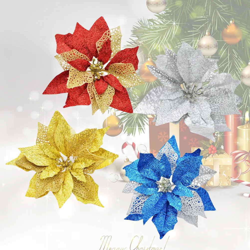 

4pcs 25Cm Christmas Simulation Cloth Flower Decoration Party Festival Ornament Silver Gold Blue Fake Flower For Christmas