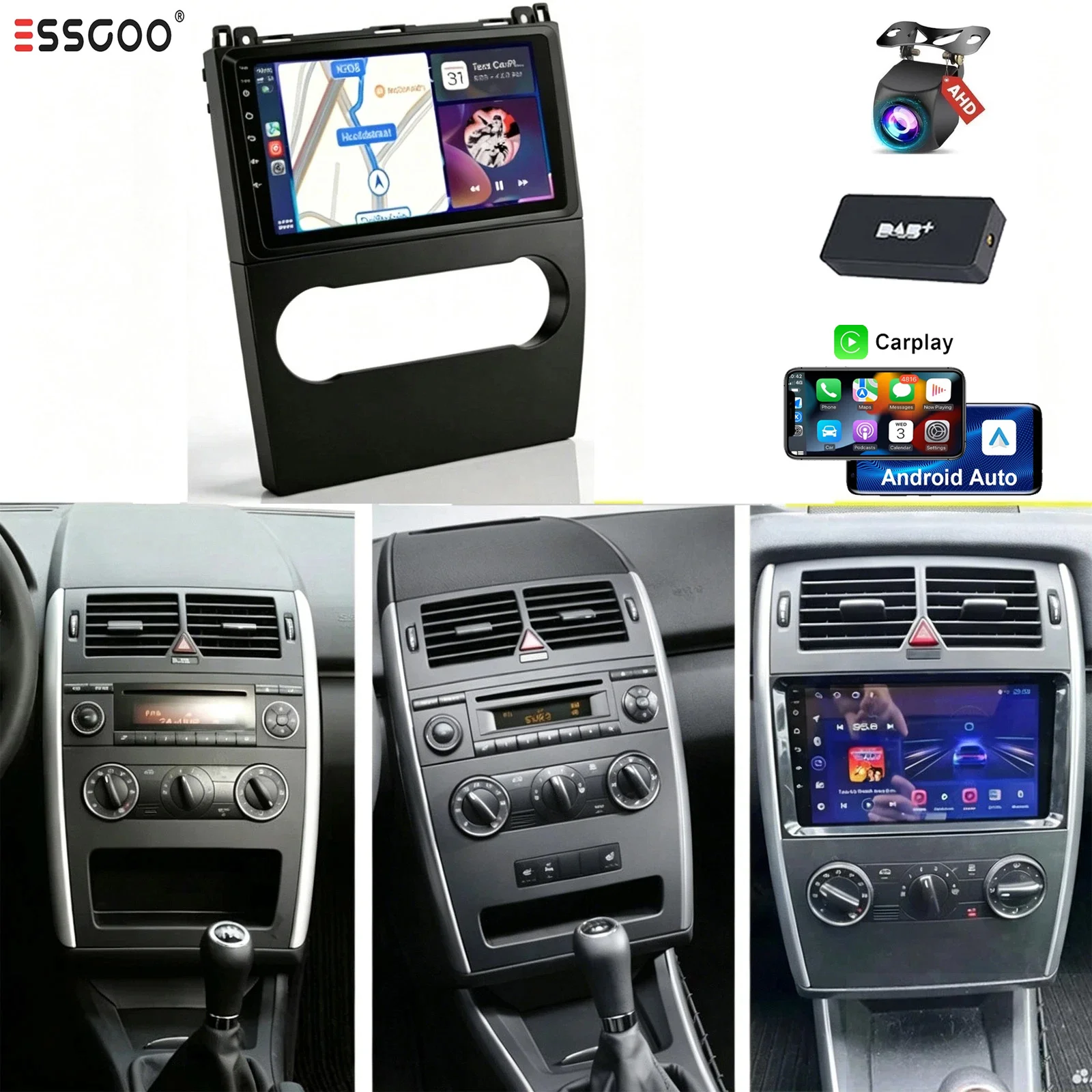 ESSGOO 4G+64G Autoradio mit CarPlay, Android 15 und GPS-Navigation für Mercedes-Benz B200 A-Klasse, B-Klasse, W169 A160, A180, A200 und A220