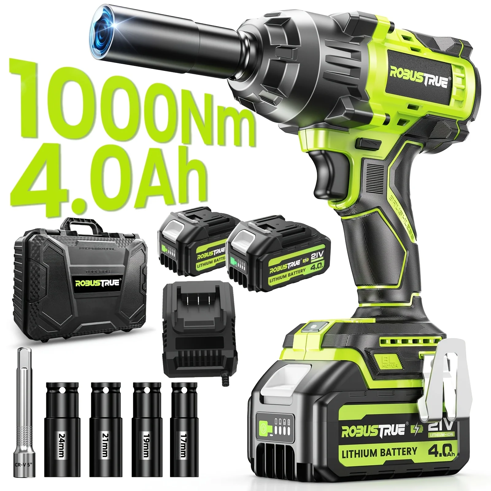 

Robustrue [Heavy Duty Brushless Impact Wrench 1000N.M And 4 Sockets Kit] 21V Max Impact Gun with 2 X 4.0Ah Battery, Fast Charger - Automotive Power Tools for Truck/Car Tire Repair, Home Improvement, Workshop