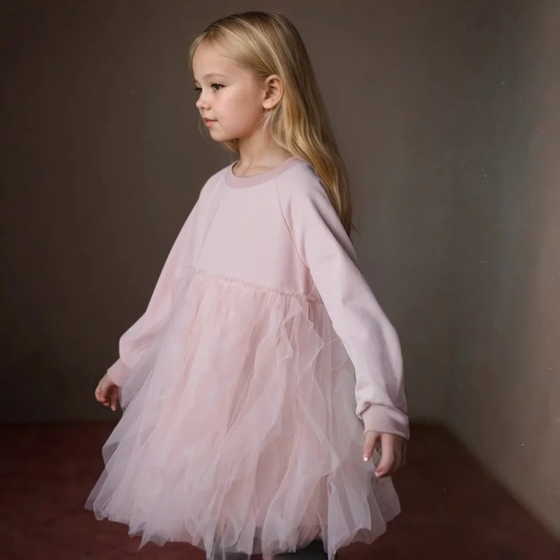 Spring  Children Clothing Sweet Children Knitted Tutu Dress Korean Children Pink Knitted Splicing Yarn Dress  Vestidos Elegant
