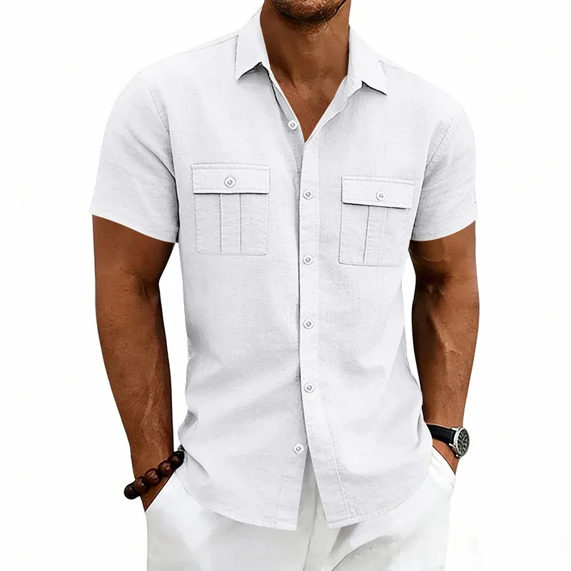Men's Linen Shirt Khaki Loose Fit Solid Color Casual Shirt White Navy Blue Button Front Short Sleeve Men's Workwear Olive Green