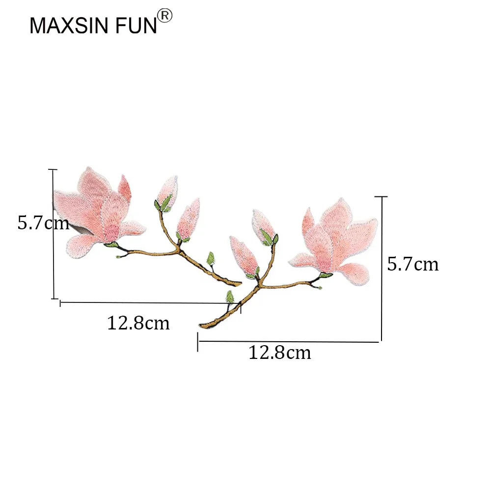 Magnolia Flower Branch Iron-on Embroidery Patches, Sew-on Cartoon Flower Patches for Bag Clothes, DIY Decoration, 1 Pair