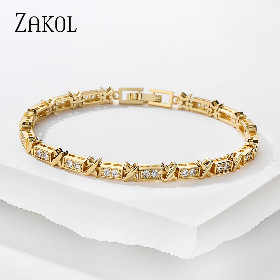 ZAKOL Brand X Cross Design Zirconia Charm Bracelets for Women Men Luxury Wedding Party Jewelry