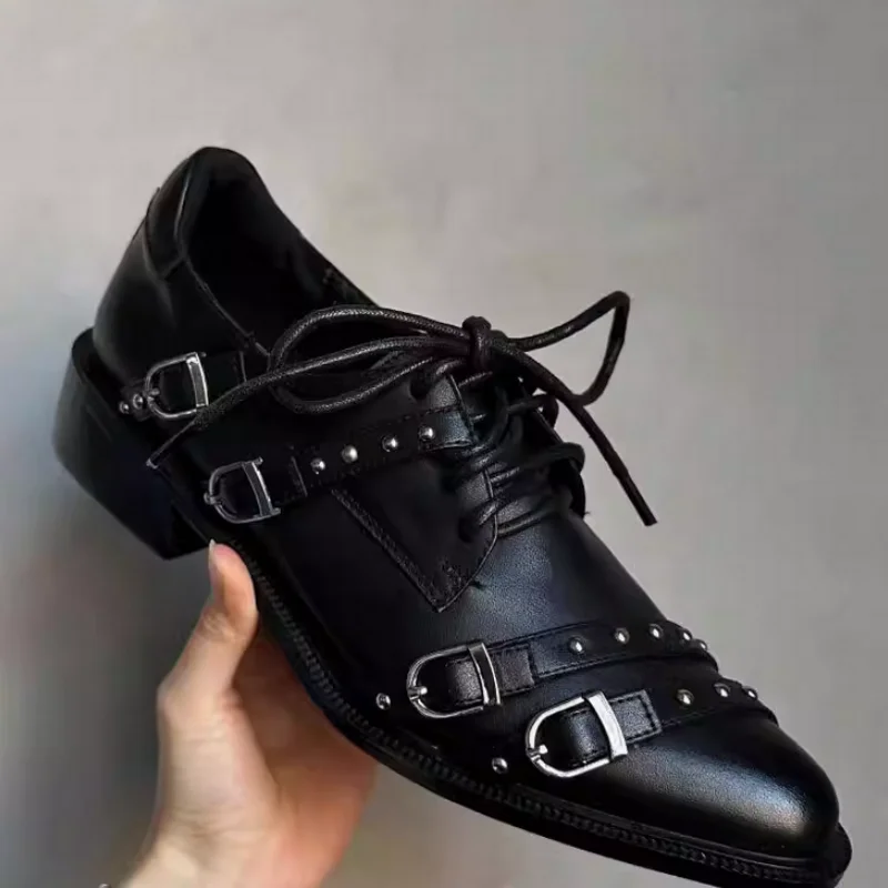 Belts Buckle Shoes for Ladies Pointed Toes Chunky Mid Heels Rivets Womens Butterfly-Knot Tacones Chassure Femme Shallow Loafers