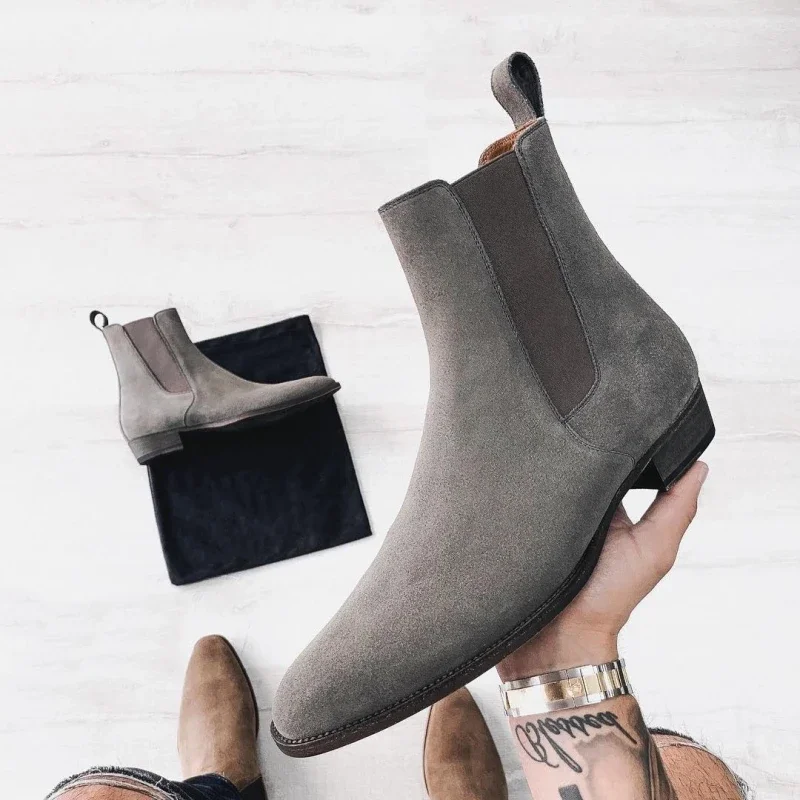 New Gray Chelsea Boots for Men Faux Suede Flock Business Mens Short Boots Ankle Boots for Mens with Size 38-48