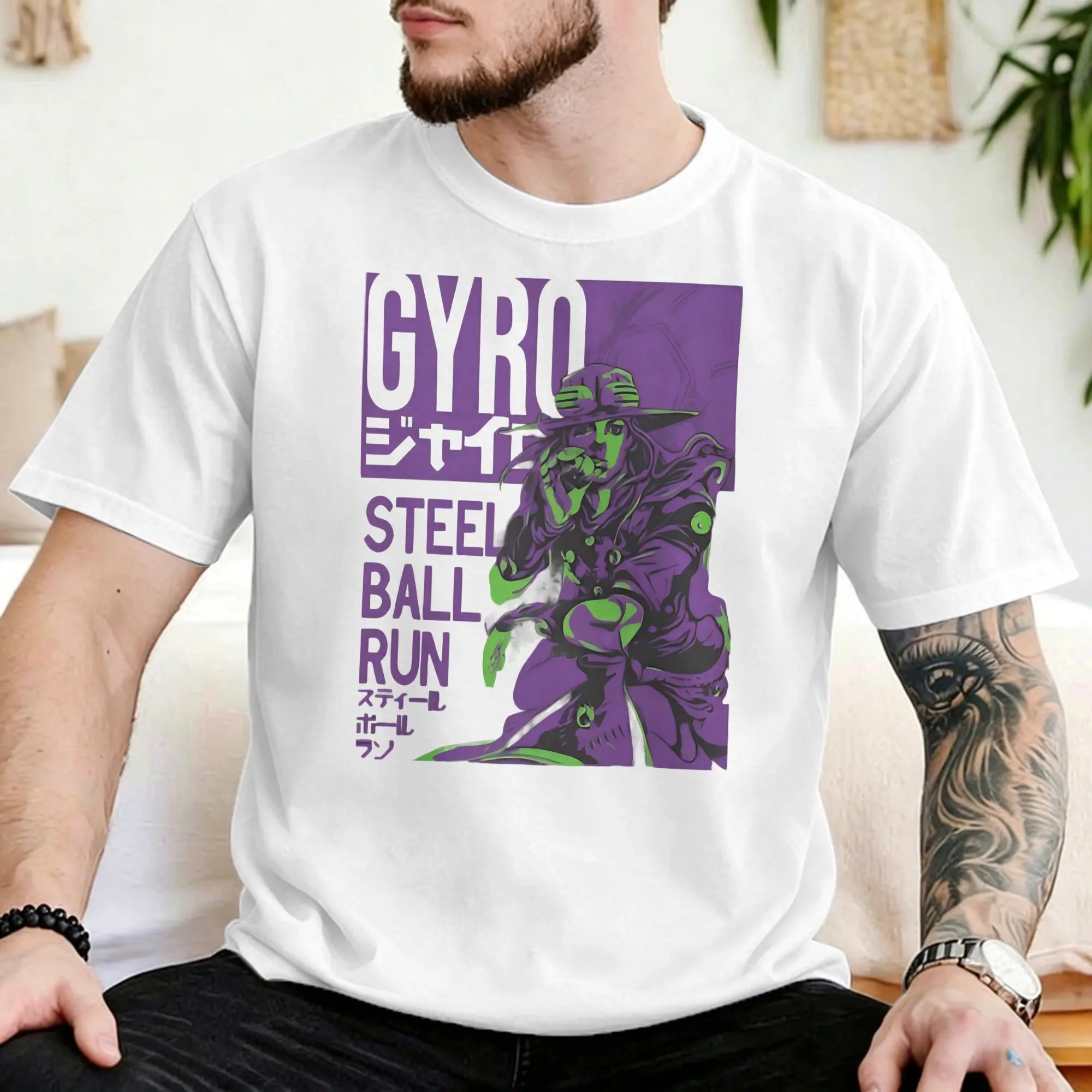 Camiseta Gyro Zeppeli masculina e feminina, 100% algodão, camisetas casuais com gola redonda, camisetas de anime JoJos, roupas de manga curta, tamanho