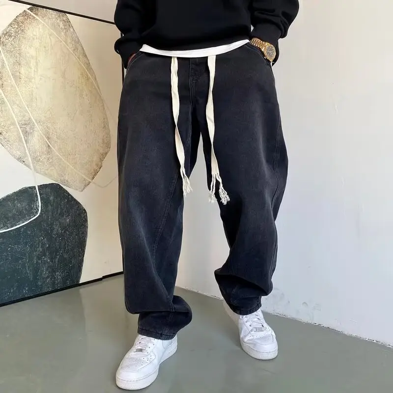 

Large Size American Casual Straight Jeans Men's Autumn and Winter Loose Versatile Drawstring Wide-leg Trousers Cargo Pants Baggy