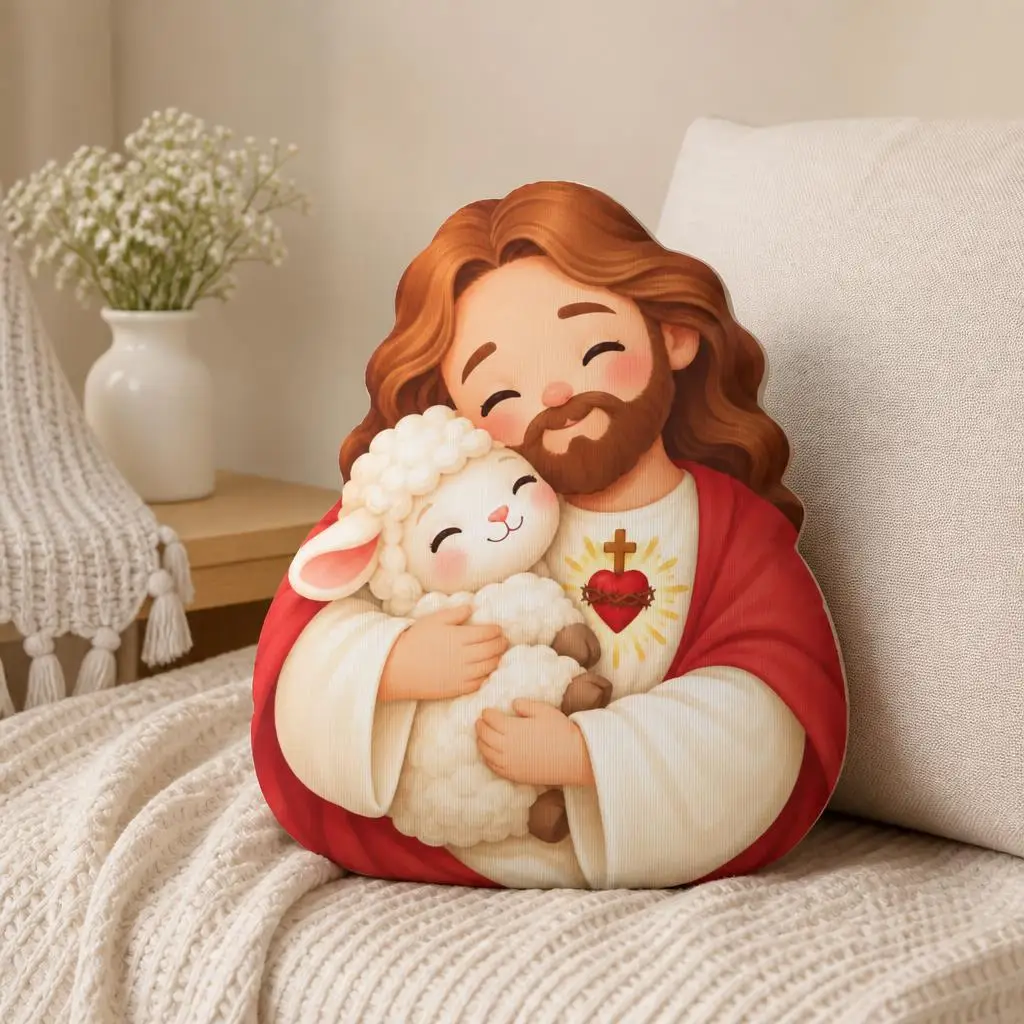 Jesus Good Shepherd Shaped Throw Pillow Christian Faith Cushion Sacred Heart Lamb Plush Stuffed Prayer Room Religious Gift