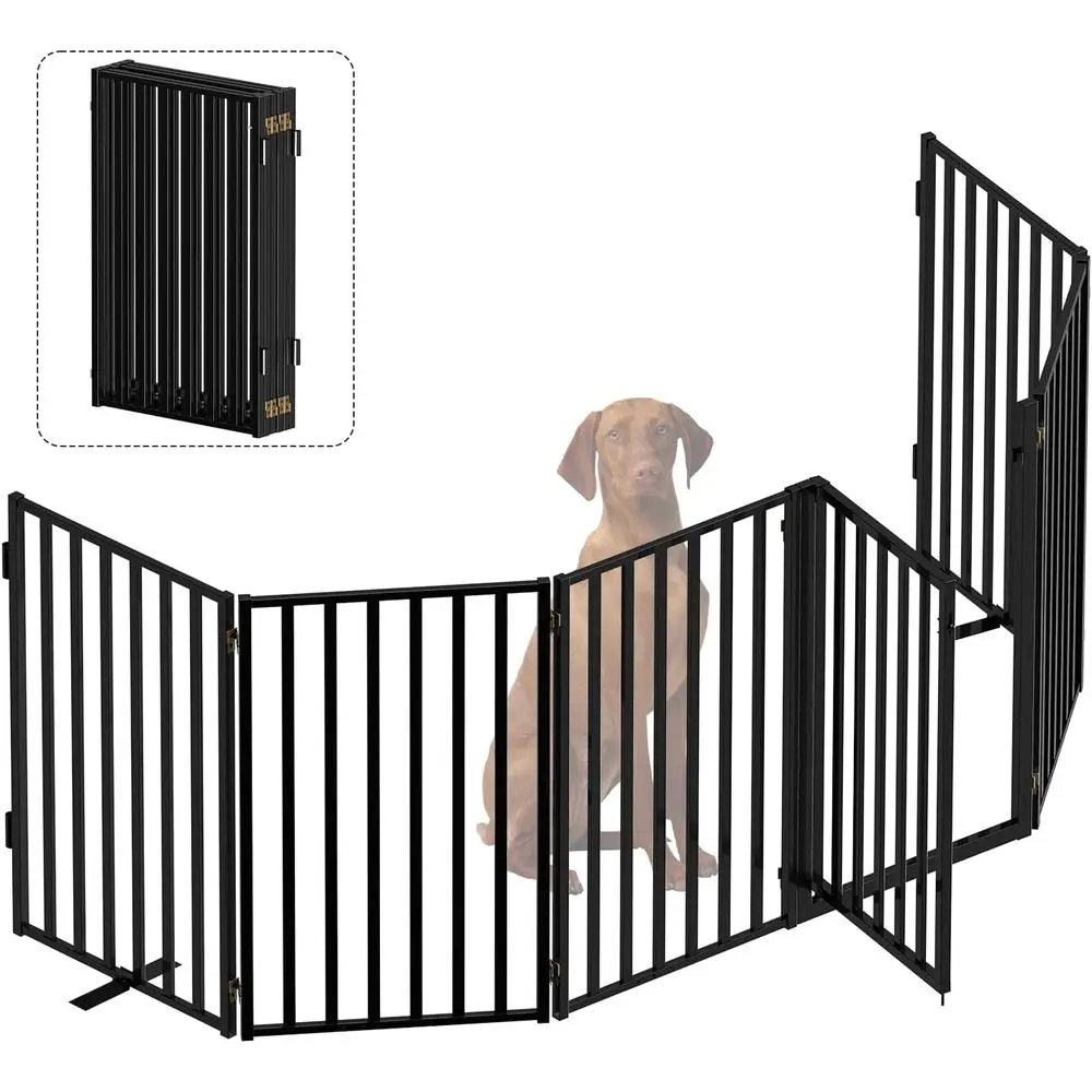 

Portable Dog ence with Door or Indoor Outdoor Use, ree Standing Dog Gate oldable Design, Metal Black 32" Tall, Expandable 6 Pane