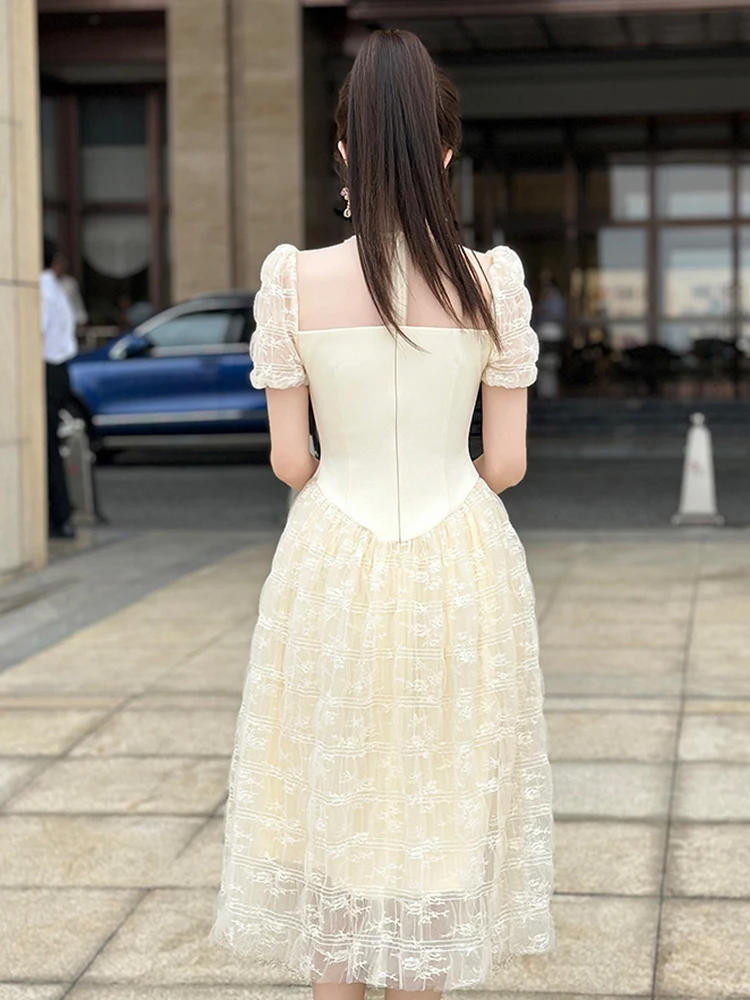 Women Clothes Gown Evening Sweet Lace Floral Sexy Puff Sleeve Corset  A-Line Dress Elegant Luxury Fashion Party Prom Vestido New