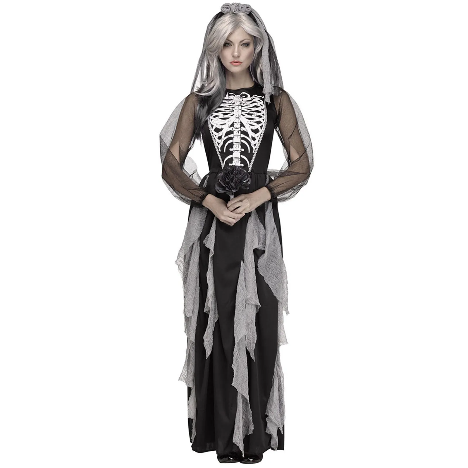 Skull Print Halloween Costumes for Women Long Sleeve Ghosts Bride Party Prom Dress Scary Skeleton Zombie Cosplay Costumes