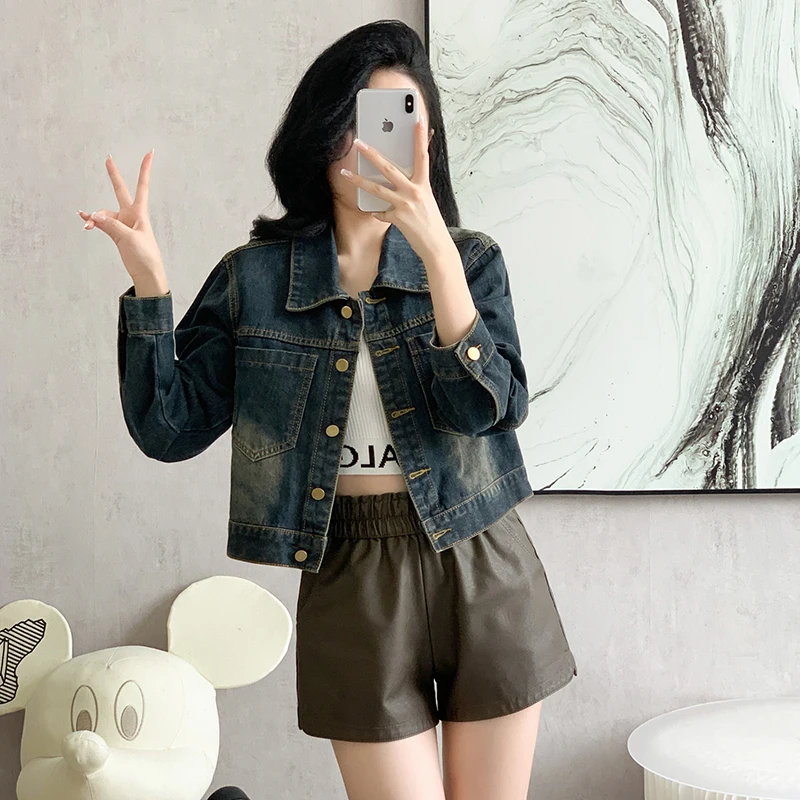 Vintage Washed Dark Blue Light Blue Short Denim Jacket Spring Autumn New Women Casual Lapel Long Sleeve Jeans Jacket Streetwear