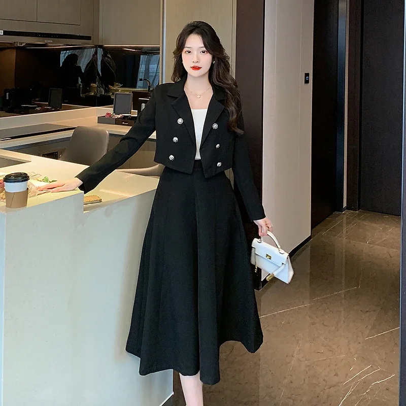 Insozkdg Fashion Women Suit Jacket Skirt High-Level Double-breasted Slimming Office Lady Tops Over-the-Knee Skirt Two-piece Set