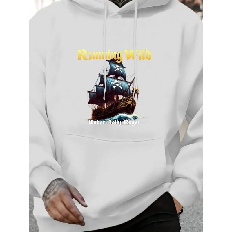 سويت شيرت رجالي بقلنسوة أبيض للجري سفينة القراصنة البري تحت جولي روجر مطبوع عالي الجودة من القطن كاجوال ملابس الشارع الشهير #1