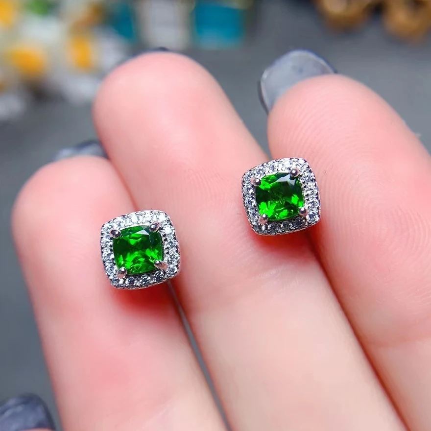 Natural Chrome Diopside Stud Earrings for Daily Wear Allergy Free 925 Silver Diopside Earrings with 3 Layers 18K Gold Plated