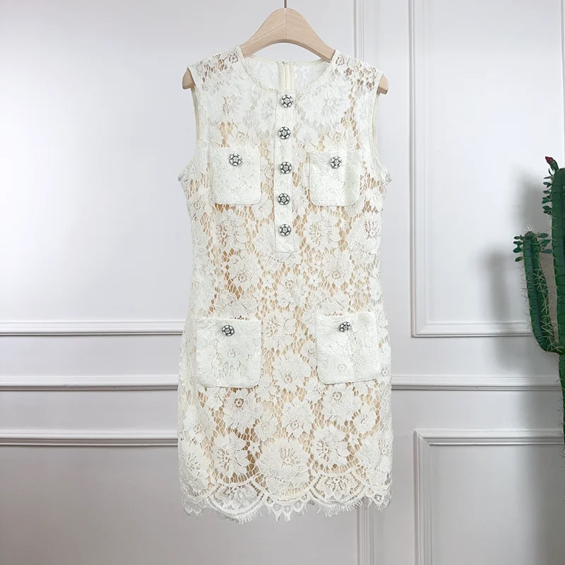 Blue Sweet Fragrant Lace Sleeveless Dress Women Simple French Fresh Elegant Temperament Wedding Party Dress Spring Summer