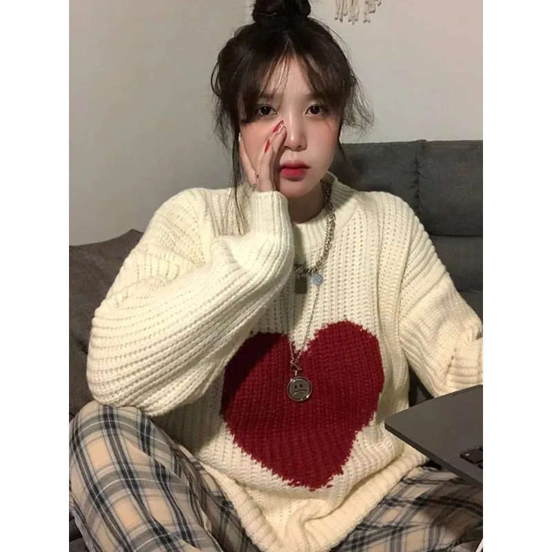 Vintage Harajuku Style Full Sleeve Pullovers Loose Knitting Casual Sweater Winter Sweet Heart-shaped Pattern Sweater