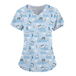 Women's T-shirts V-Neck Working Uniform for Women Cute dinosaur 3D Print Tops Cute Animal Nurse Uniform Blouse Pocket Workwear