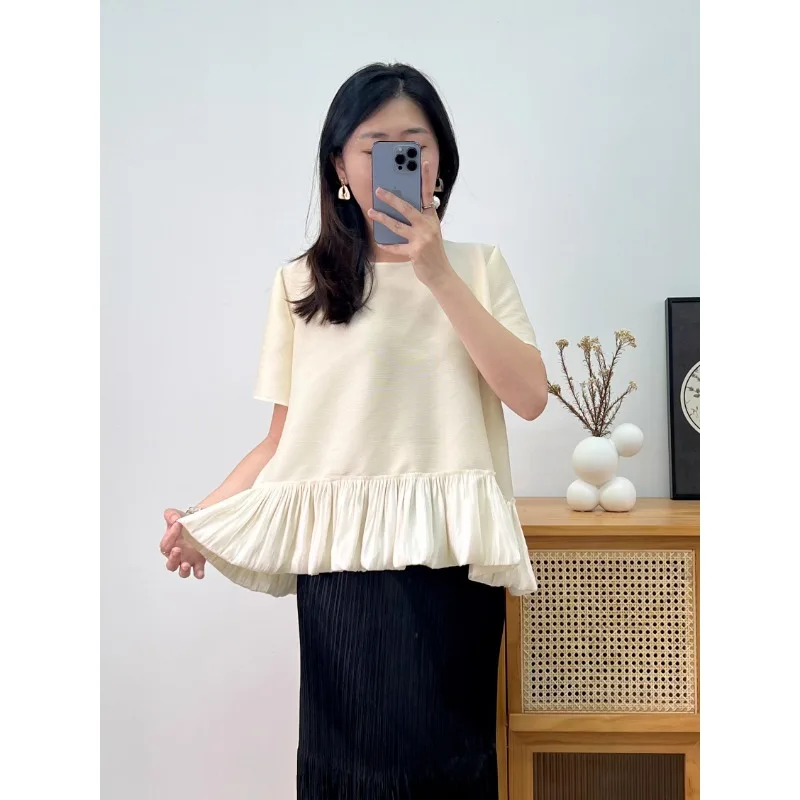 

Miyake Ruffled Short-sleeved T-shirt Women 2025 Summer Bud Top Miyake Solid Color Ruffled Design Fashion Ageing Small Shirt