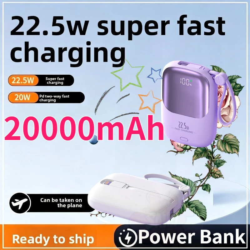 Mini Portable Fast Charging PowerBank 20000mAh 22.5W Built-in Cable 3C Certified External Battery Pack for iPhone Android Phones