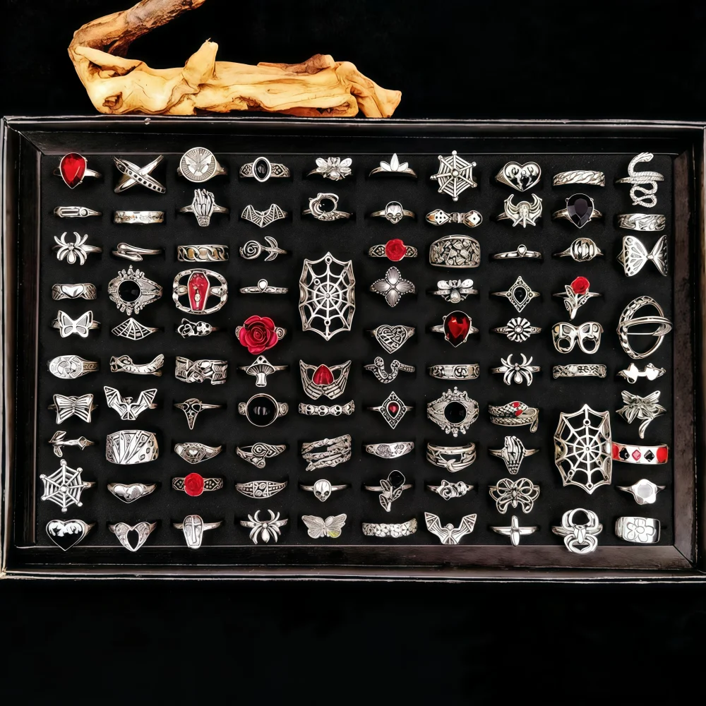 6/12/24Pieces Vintage Punk Spider Skull Snake Rings Set For Women Mix Style Gothic Dark Style Finger Jewelry Party Gifts