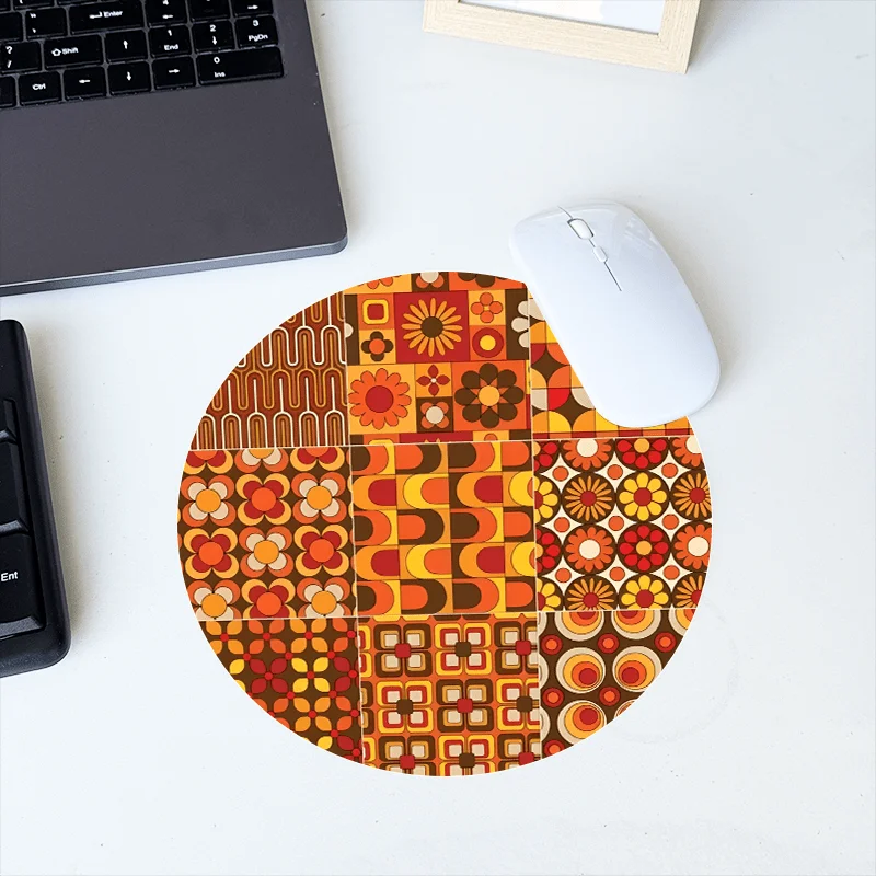 Groovy Orange Geometric Print circle small mouse pad desk pad rubber anti-slip edge locking laptop office mat pc accessories