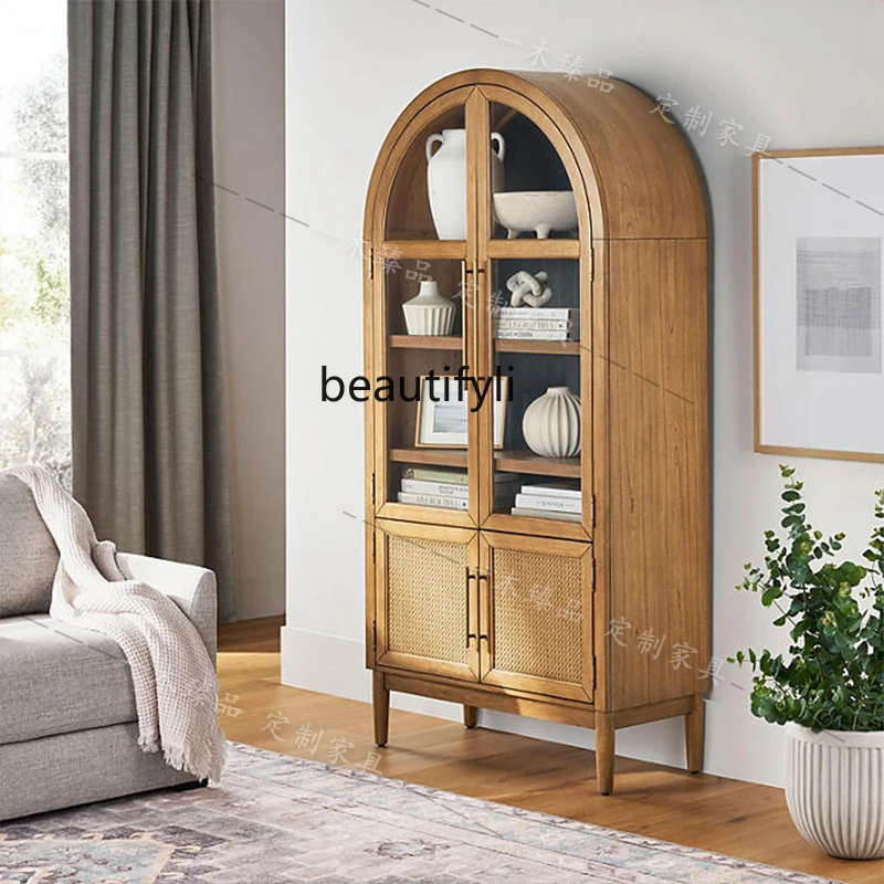 

American light luxury solid wood bookcase rattan storage side cabinet French retro arched decorative cabinet