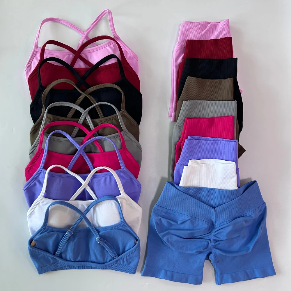 

2 Pieces Set For Woman Clothes Seamless Scrunch Yoga Shorts Set Backless ktp Sports Bra Fitness Workout Top Gym Set Outfits