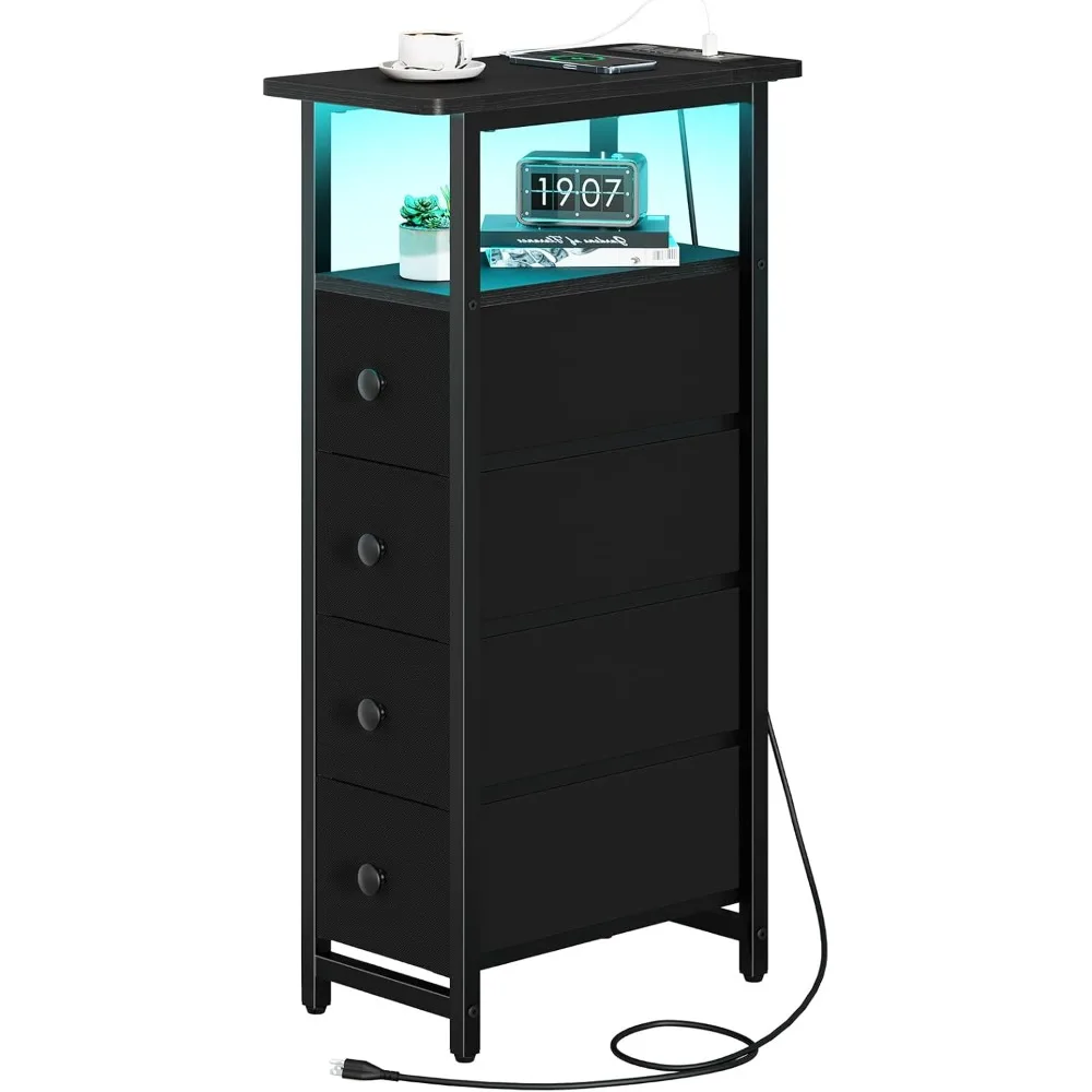 

Narrow Dresser for Bedroom, LED Skinny Nightstand with Charging Station, Small Dressers Chest of Drawers, Narrow Side Table, Fa