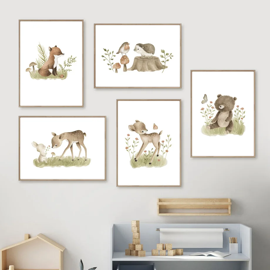 

Watercolor Animals Fox Deer Bear Rabbit Hedgehog Nursery Wall Art Print Canvas Painting Poster Decor Pictures For Baby Kids Room