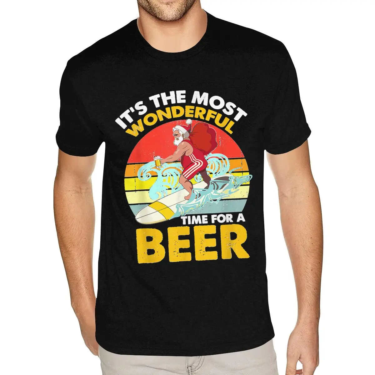 

Classic Funny Vintage Surfing Christmas In July Santa With Beer Tee Shirts for Men Graphic Pure Cotton Black O-neck Tshirt