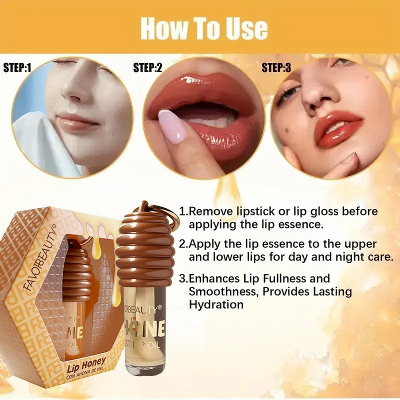 Honey Lip Oil, Moisturizing Nourishing Lip Gloss, Relieve Dry Chapped Lips, Plumping Glass Lip Primer, Natural Honey Scent Lip