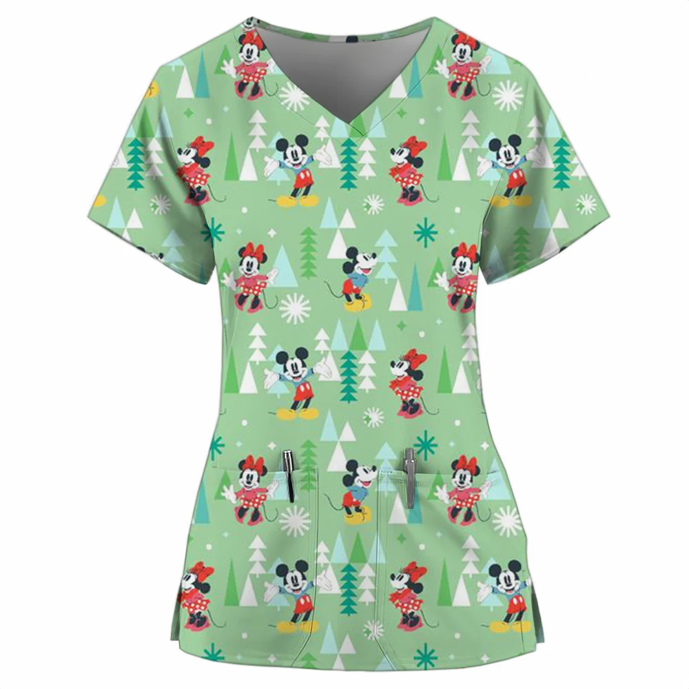 Disney Mickey Mouse Christmas Neutral Medical Uniform Cartoon Christmas Nurse Matte T-shirt Dentist Beauty Spa Work Clothes