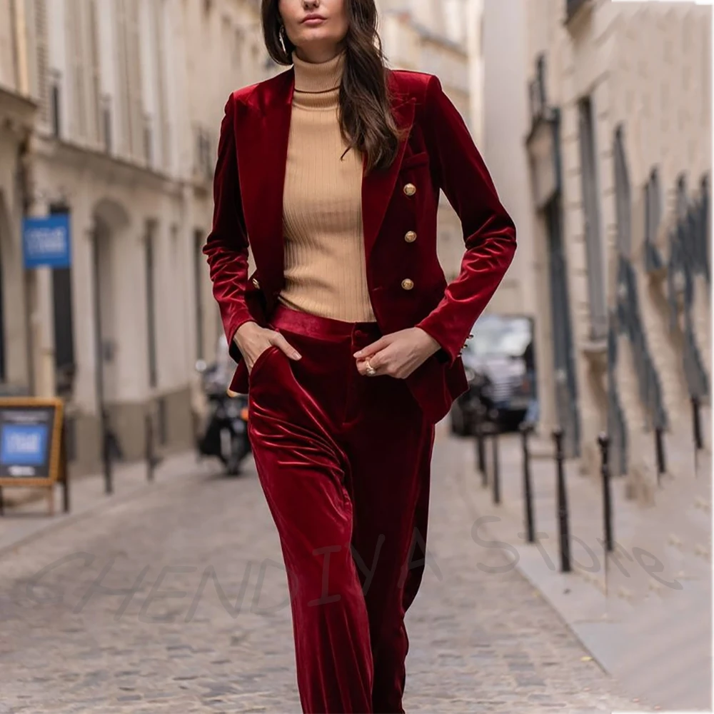 Customized Women's Suit Elegant Velvet Double Breasted Blazer Set Two Pieces Slim Fitted Peaked Lapel Daily Office Lady Wear