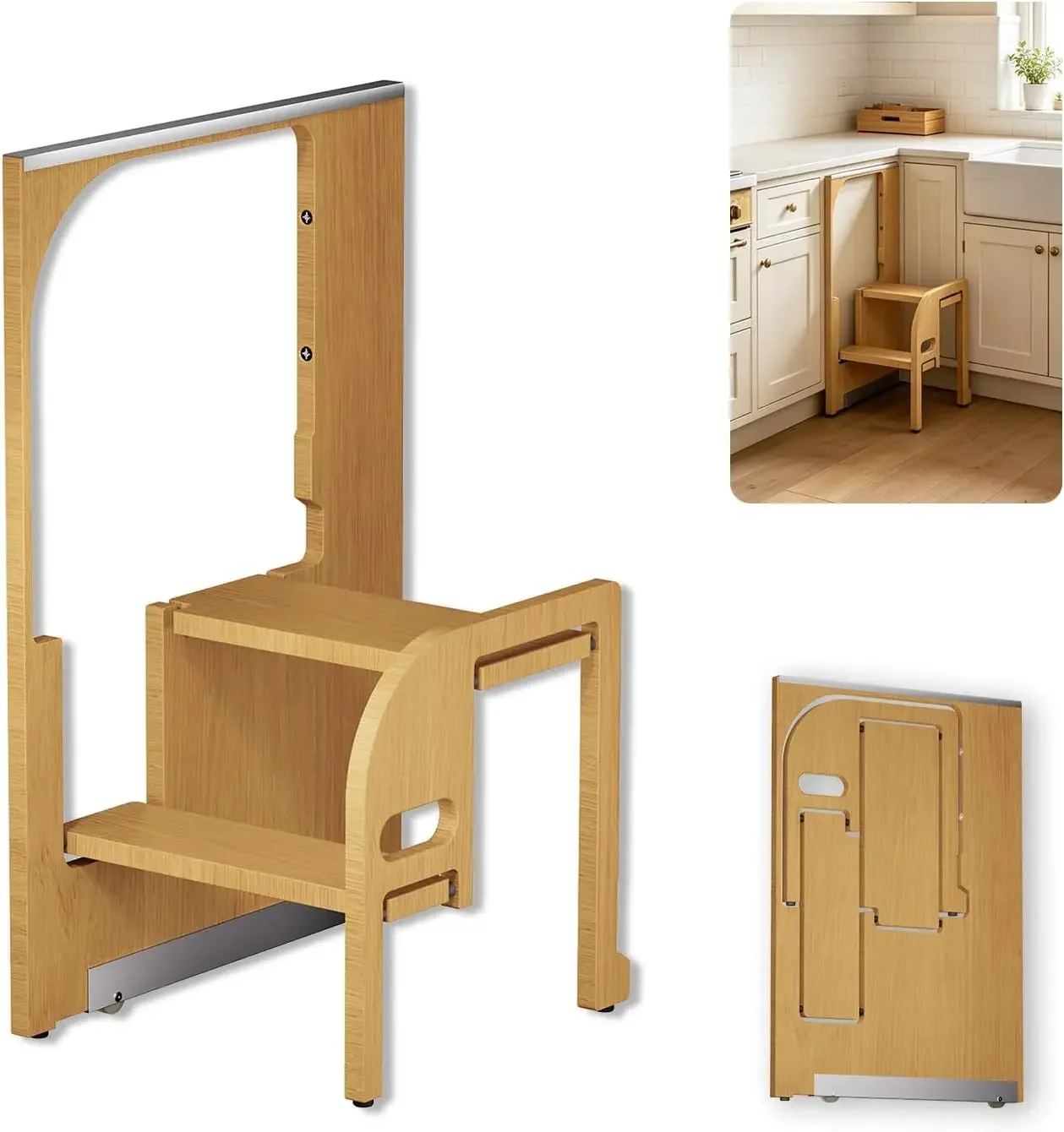 Wooden Foldable Hidden Step Ladders for Adults Saving Space Wood Folding Step Stool for Kids, Step Stool Helper, for Home & Kitc